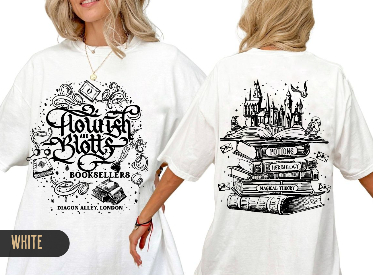 Flourish & Blotts Booksellers T-shirt | Magical Book Stack Illustration