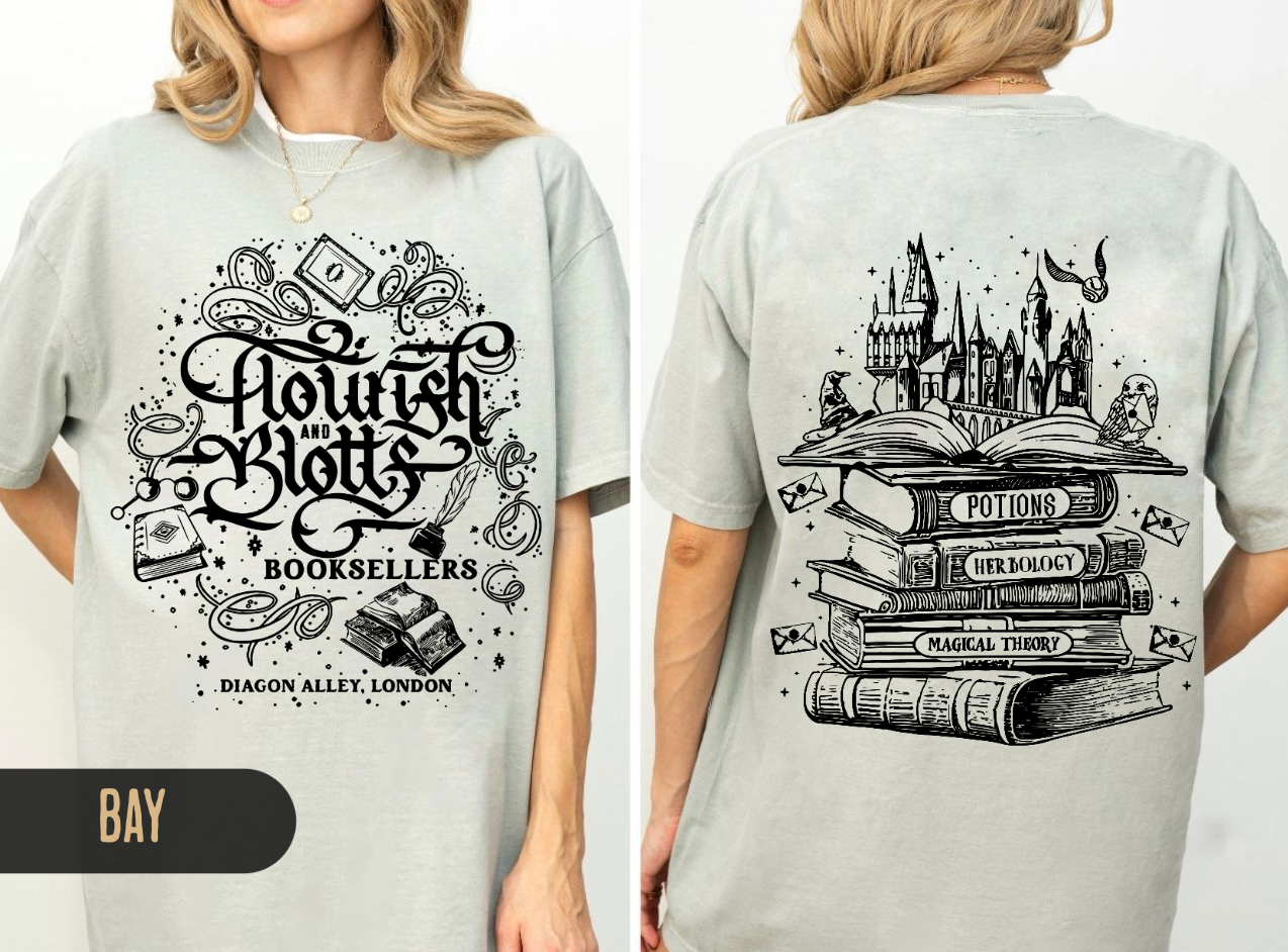 Flourish & Blotts Booksellers T-shirt | Magical Book Stack Illustration