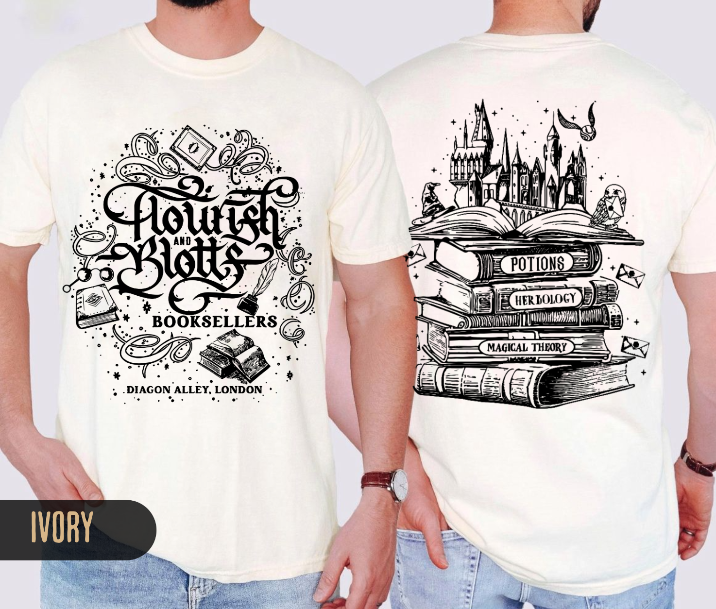 Flourish & Blotts Booksellers T-shirt | Magical Book Stack Illustration