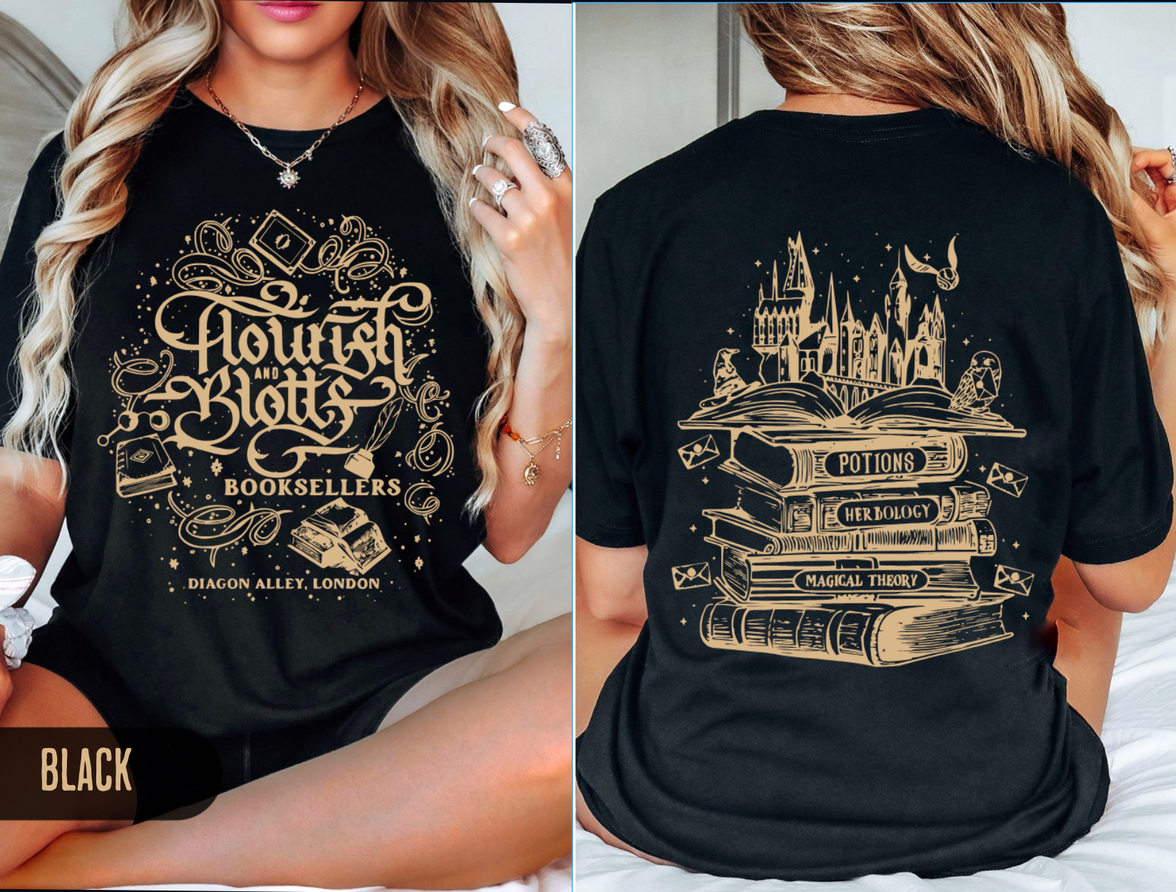 Flourish & Blotts Booksellers T-shirt | Magical Book Stack Illustration